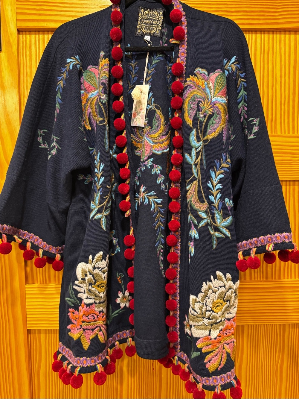 Johnny Was Navy Embroidered Kimono Cardigan with Red Pom Accents - Picture 2 of 11